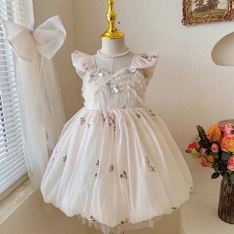 kids バックシャンフローラルロングリボンドレス(536)