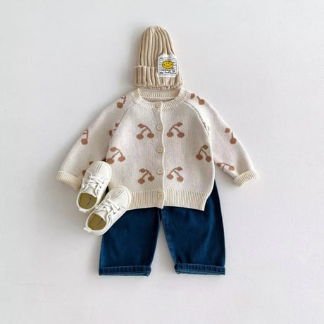 チェリー刺繍ワンカラーニットカーディガン(666)