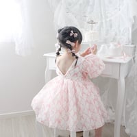 姉妹お揃いピンクリボン柄チュールロンパースorワンピースドレス(1953)