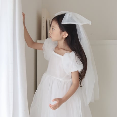 kids kids BIGリボンアクセ付きwhiteパフスリーブドレス(687)