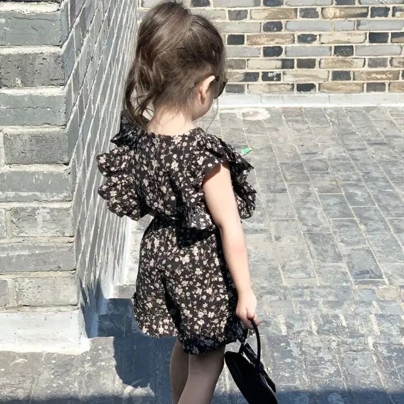 kids リボン付きブラック花柄ショルダーフリルセットアップ(3058 