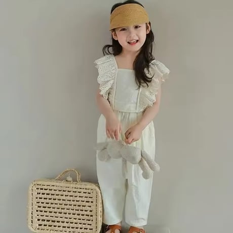 kids black/cream バックシャンショルダーコットンフリルセットアップ(1244)