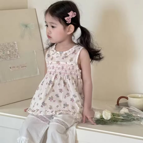 kids 2colorノースリーブシャーリング刺繍チュニックトップス(1202)