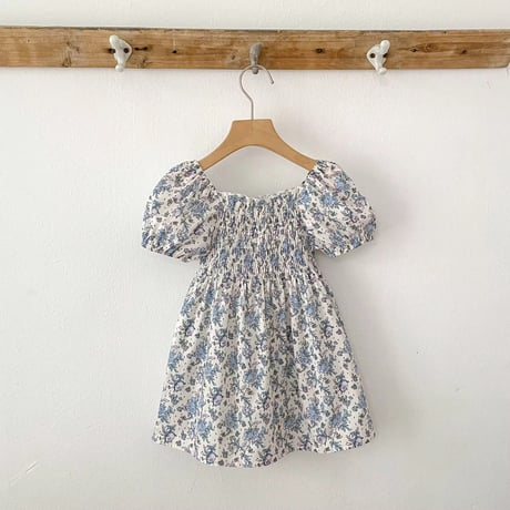 姉妹お揃いブルーペイズリー柄シャーリングロンパースorワンピース(1283)