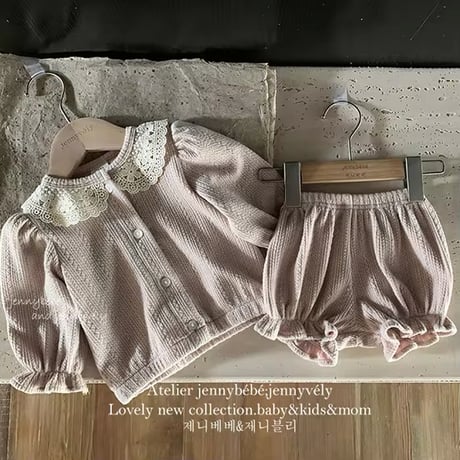 jennybebe 2colorレースフラワー襟リブ模様セットアップ(4196)