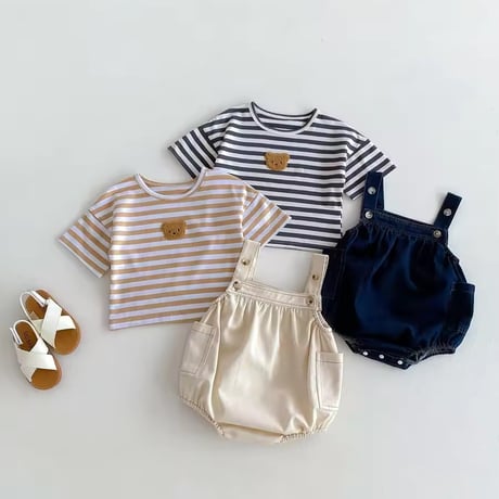 denimサロペット×ボーダーくまトップス(1310)