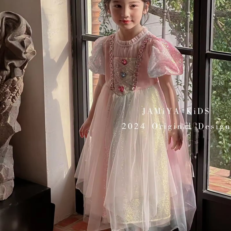 kids カラフルハートストーンレインボースパンコールプリンセスドレス
