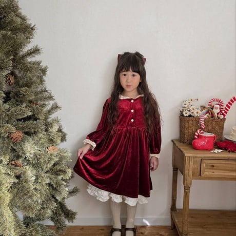 Xmasレッド姉妹お揃いレース襟ベルベットロンパースorワンピース(1035)