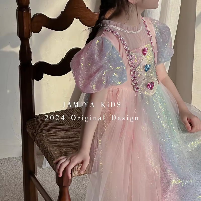 kids カラフルハートストーンレインボースパンコールプリンセスドレス