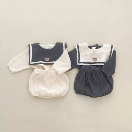 バイカラーくまワンポイントセーラー襟付きセットアップ(2373)