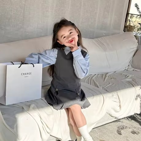 即納あり◆kids タイトプリーツジャンパースカートorブルーシャツ(1115)
