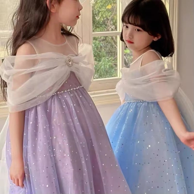 kids blue/purple オフショルチュールキラキラドレス(641 kids blue/purple オフショルチュールキラキラドレス(641