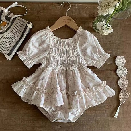 jennybebe シャーリングpink小花柄スカートロンパース(4099)