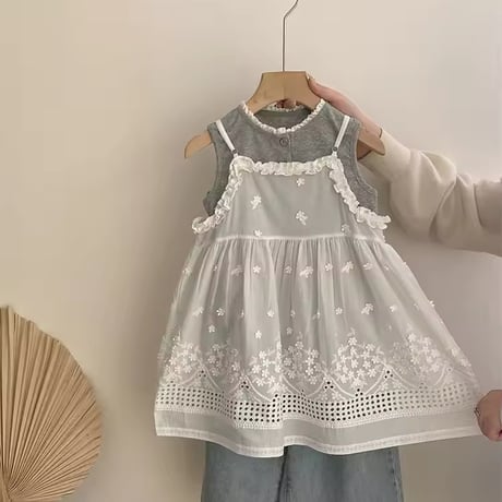 kids grayノースリーブトップス×レースキャミコーデ(1174)
