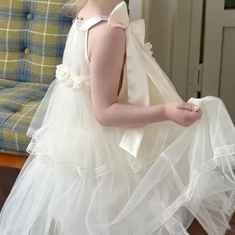 kids creamネックサイドリボンダブルチュールAラインドレス(1485)