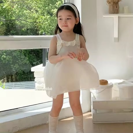 white/black 姉妹お揃いノースリーブコットンフリルシフォンワンピースorワンピース(1404)