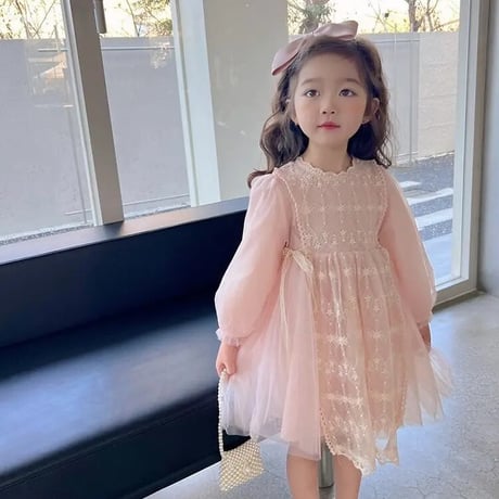 即納◆kids 2color ロングスリーブエプロンレースドレス(3371)