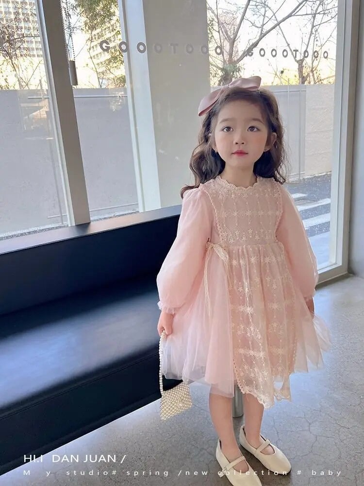 即納あり◇kids 2color ロングスリーブエプロンレースドレス 即納あり◇kids 2color ロングスリーブエプロンレースドレス