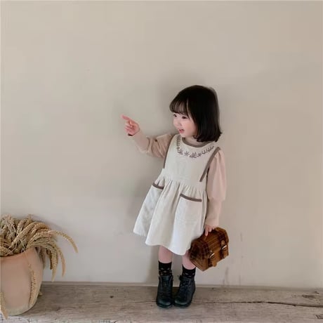 beige/brownバイカラーコーデュロイ刺繍ジャンパースカートorパフスリーブトップス(1360)
