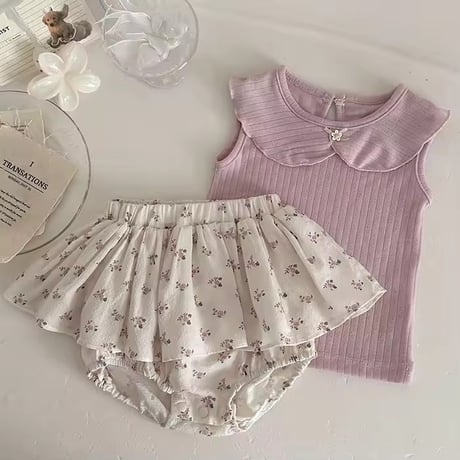 pinkリブノースリーブ×小花柄スカートブルマセットアップ(2221)