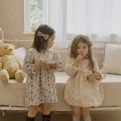 kids black/beigeフローラルフロントレースワンピース(1722)