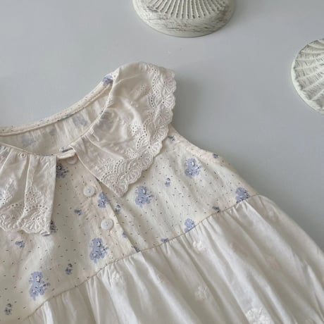 ブルーフラワーlace collar 切替ロンパース(4113)