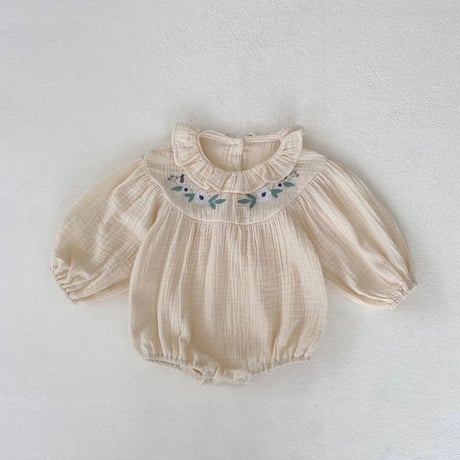 petit frill collar フラワー刺繍リネンロンパース(3272)