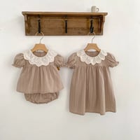 姉妹お揃いコットンレース襟モカストライプワンピースorセットアップ(1553)