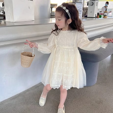即納◆kids 2color ロングスリーブエプロンレースドレス(3371)