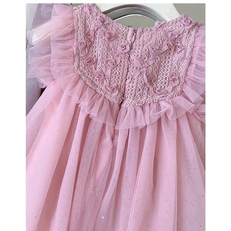 kids ivory/pink フロントフリルローズガーリーラメチュールドレス(4126)