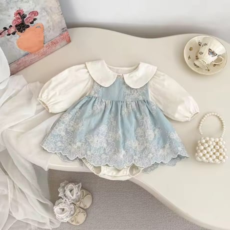 パステルブルーエンブロイダリースカート×ロンパースset(972)