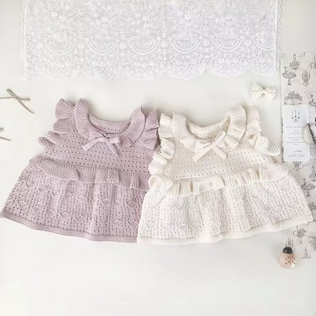 momo white×pink ガーリーリボンフリルニットベスト(1097)