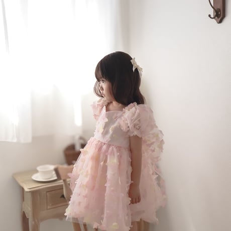 7color 姉妹お揃いバタフライパフスリーブBIGウエストリボンドレス(1279)
