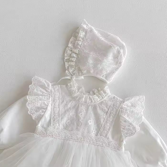 white/apricot ボンネットsetセレモニーレースドレスロンパース(983