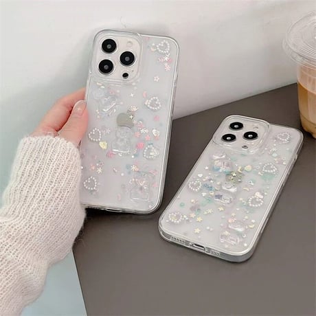 3Dクリスタルくま×パールハート×スパンコールクリアiPhoneケース(295)