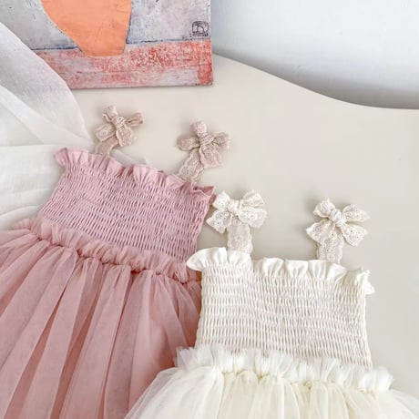 即納あり◆ivory/pink コットンリボンシャーリングチュールロンパース(1233)
