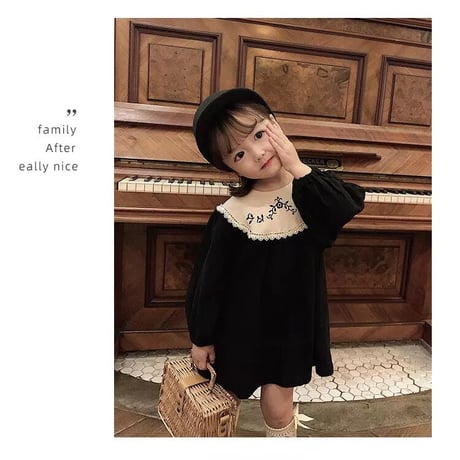 kids 刺繍襟ぽわん袖Aラインワンピース(2385)