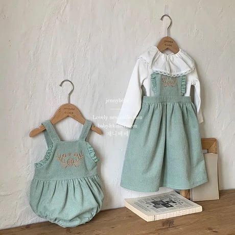 jennybebe コーデュロイターコイズロンパースorワンピース(3268)