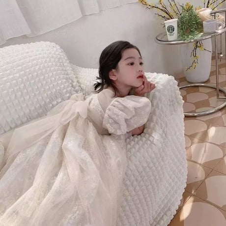 kids スクエアネックシースルーパフスリーブフラワープリントレースドレス(229)