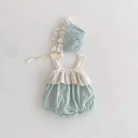 beige/blue ボンネット付きチェックキャミロンパース(1381)