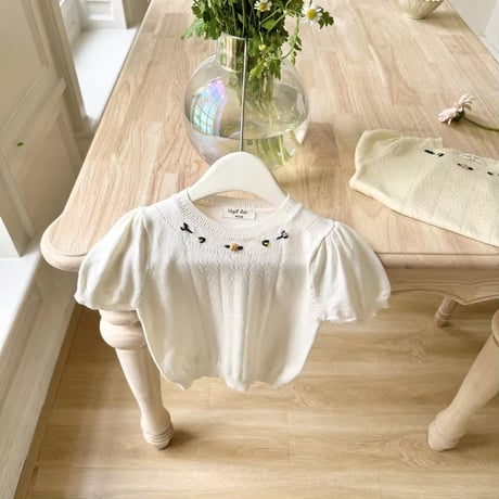 kids white/lemon petitフラワーサマーニットトップス(1483)