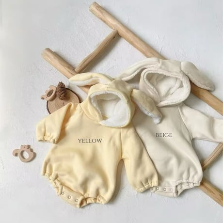beige/yellow フリースあったかうさ耳ロンパース(820)
