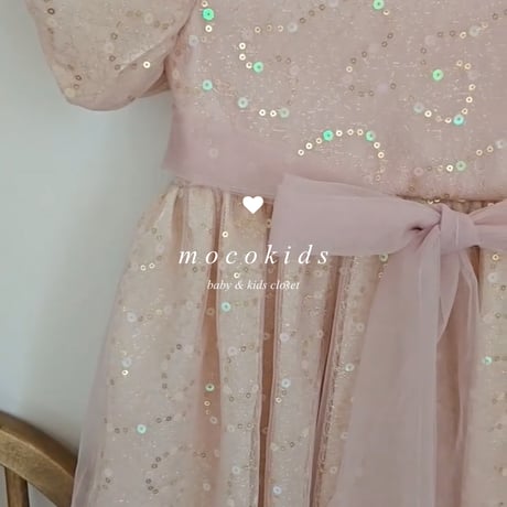 kids pink/champagne スパンコールパフスリーブドレス(638)