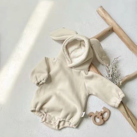 beige/yellow フリースあったかうさ耳ロンパース(820)