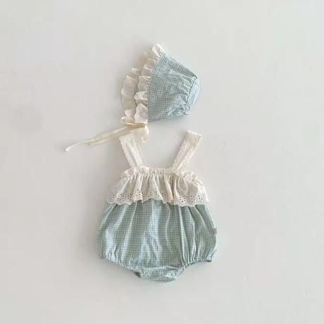 beige/blue ボンネット付きチェックキャミロンパース(1381)