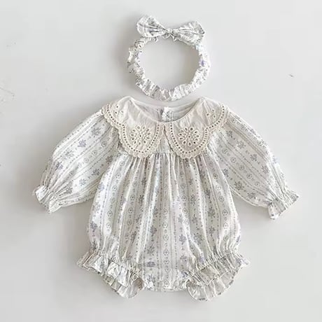 姉妹お揃いコットンレースcollarパールブルーフラワーロンパースorワンピース(962)