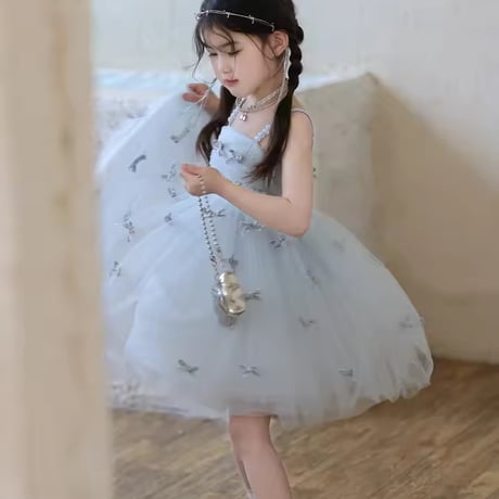 kids ライトブルーベロアリボンロングドレス(1630)