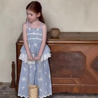 kids ブルーストライプフラワーエンブロイダリーキャミ×ワイドパンツセットアップ(1389)