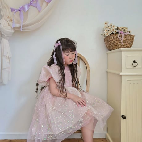kids pink/champagne スパンコールパフスリーブドレス(638)