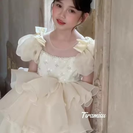 kids champagneショルダーリボンパフティアードフリルプリンセスドレス(1718)